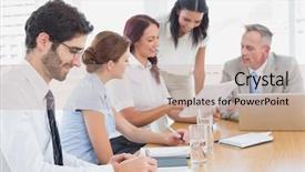  Presentation with team work - PPT theme consisting of business team in a meeting at work background and a coral colored foreground