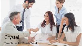  Presentation with meet the work team - Beautiful theme featuring business team in a meeting backdrop and a coral colored foreground