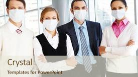  Presentation with masks - Colorful presentation enhanced with business team in protective mask backdrop and a sky blue colored foreground