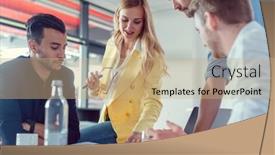  Presentation with negotiating - PPT theme with business-team-in-the-office background and a coral colored foreground