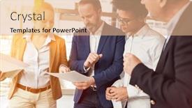  Presentation with project - Presentation theme consisting of business-team-in-the-workshop background and a coral colored foreground