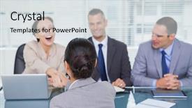  Presentation with multiracial team of young doctors stacking hands - Cool new PPT theme with business team interviewing young applicant backdrop and a sky blue colored foreground