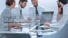  Presentation with team - Cool new presentation design with business-team-is-discussing-business backdrop and a light blue colored foreground