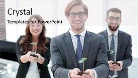  Presentation with team - Colorful PPT theme enhanced with business team is holding fragile backdrop and a light gray colored foreground