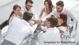  Presentation with tower - Audience pleasing slide deck consisting of business team is making a tower out of hand backdrop and a light gray colored foreground