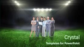  Presentation with business pitch - Audience pleasing presentation theme consisting of business team looking at camera backdrop and a forest green colored foreground