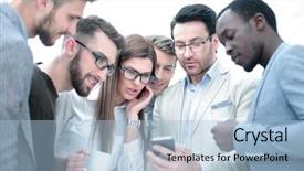  Presentation with smartphone - Slide deck having carefulness - business team looking carefully background and a  colored foreground