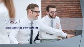  Presentation with financial report - Theme with business team making a financial report background and a sky blue colored foreground