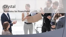  Presentation with team - Audience pleasing PPT theme consisting of business team meet new employee backdrop and a white colored foreground