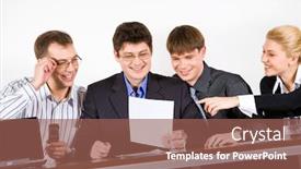  Presentation with new business ideas - Slide set with business team of four people discussing a new ideas background and a violet colored foreground