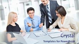  Presentation with business plan - Cool new slide set with business team of four plan backdrop and a sky blue colored foreground