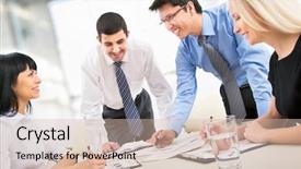  Presentation with meet work team - Amazing PPT theme having business team of four plan backdrop and a soft green colored foreground