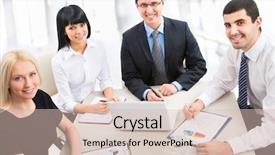  Presentation with team work - Colorful theme enhanced with business team of four plan work in office backdrop and a soft green colored foreground