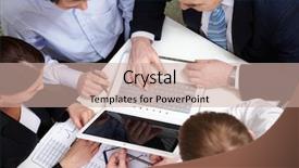  Presentation with team planning - Cool new slides with business team of four sitting backdrop and a soft green colored foreground