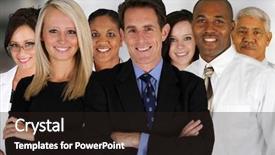  Presentation with team - Colorful slide deck enhanced with business team of mixed races backdrop and a wine colored foreground