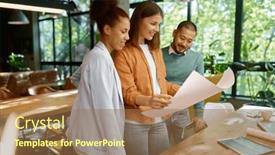  Presentation with new office - PPT layouts having business-team-of-multiethnic-people background and a coral colored foreground