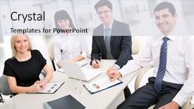  Presentation with team work - Beautiful presentation theme featuring business team of three plan work in office backdrop and a light gray colored foreground