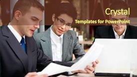  Presentation with team planning - Slide set featuring business team of three sitting background and a tawny brown colored foreground