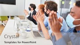  Presentation with further - Slide set featuring business-team-people-applaud-during background and a lemonade colored foreground