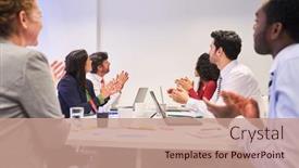  Presentation with video training - Slide set enhanced with business-team-people-applaud background and a coral colored foreground