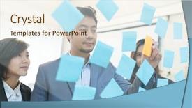  Presentation with team planning - Presentation enhanced with business team planning on memo background and a sky blue colored foreground