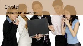  Presentation with bad news - Audience pleasing presentation theme consisting of business team receive some bad news on a laptop backdrop and a coral colored foreground