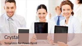  Presentation with five business people standing together and smiling - Audience pleasing PPT theme consisting of business team showing tablet pcs backdrop and a coral colored foreground