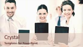  Presentation with tablet - Presentation featuring business team showing tablet pcs background and a  colored foreground