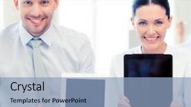  Presentation with tablet - Amazing theme having business team showing tablet pcs backdrop and a  colored foreground