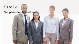  Presentation with business women - Presentation design consisting of business team side by side three women and one men against white background background and a light gray colored foreground