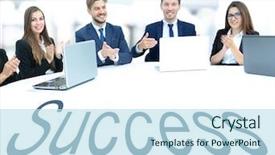  Presentation with round table - Audience pleasing PPT layouts consisting of business team sitting at athe backdrop and a sky blue colored foreground