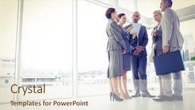  Presentation with speaking - Slide set with business team standing and speaking background and a sky blue colored foreground