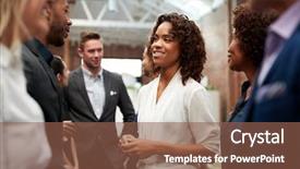  Presentation with team meeting - Presentation design with business team standing having informal background and a tawny brown colored foreground