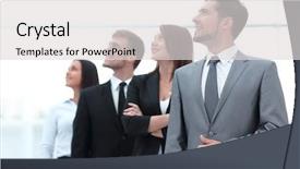  Presentation with team - Audience pleasing slides consisting of business team standing one behind backdrop and a light gray colored foreground