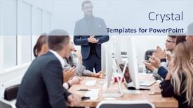  Presentation with supporting - Presentation design featuring business-team-supporting-their-boss background and a sky blue colored foreground