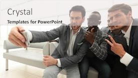  Presentation with lobby - Slide deck consisting of business team takes selfies in the lobby of the business center background and a light gray colored foreground