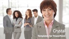  Presentation with aged - Theme enhanced with oldage staff - middle-aged businesswoman in front business background and a gray colored foreground