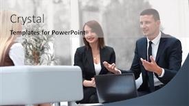  Presentation with lobby - Colorful slide deck enhanced with business team talking in office lobby backdrop and a light gray colored foreground