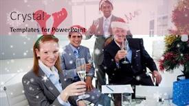  Presentation with team party - PPT theme having business team toasting with champagne at a christmas party against snow falling background and a coral colored foreground