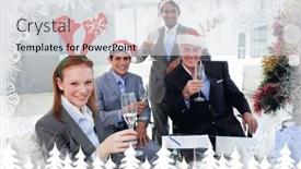  Presentation with team party - Colorful theme enhanced with business team toasting with champagne at a christmas party against fir tree forest and snowflakes backdrop and a light gray colored foreground