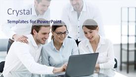  Presentation with team work - Cool new PPT layouts with business-team-uses-a-laptop backdrop and a sky blue colored foreground