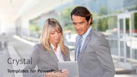  Presentation with building team - Presentation theme having business team using electronic tablet outside offices building background and a light gray colored foreground