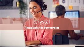  Presentation with telephone - Theme featuring business-team-wearing-telephone-headsets background and a coral colored foreground