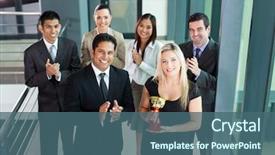  Presentation with award winning - Audience pleasing presentation consisting of business team winning an award backdrop and a ocean colored foreground