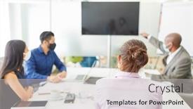  Presentation with face mask - Amazing presentation theme having business-team-with-face-mask backdrop and a light gray colored foreground