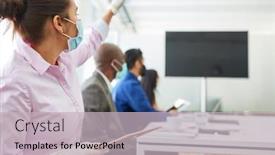  Presentation with team training - PPT theme having business-team-with-face-mask background and a soft green colored foreground