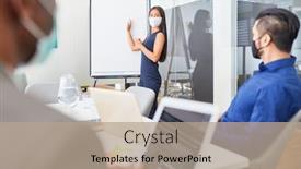  Presentation with face masks - Presentation design having business-team-with-face-masks background and a coral colored foreground