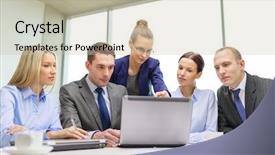  Presentation with team discussion - Slide set featuring business team with laptop computer background and a mint green colored foreground