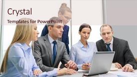  Presentation with team discussion - Slide set having business team with laptop computer background and a lemonade colored foreground