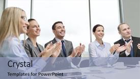  Presentation with technology - Theme featuring business team with laptop computer background and a light blue colored foreground